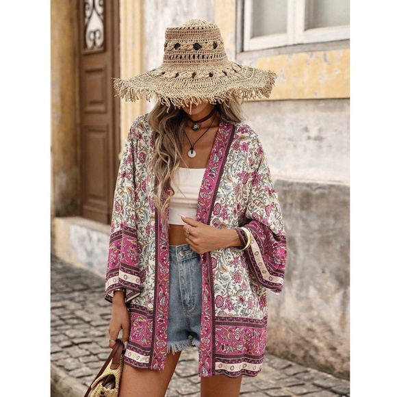 Floral Boho Kimono Style Open Coverup Batwing Sleeve - Picture 2 of 14
